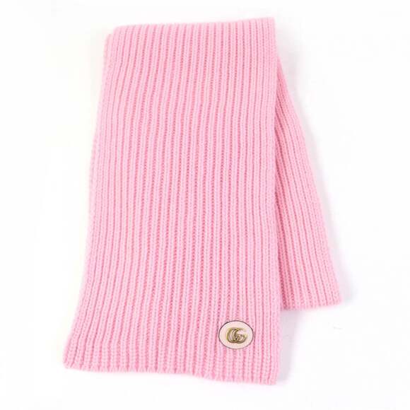GUCCI 773426 Patched Wool Knit Scarf with Cashmere Blend, Pink, 25 x 180cm, M...